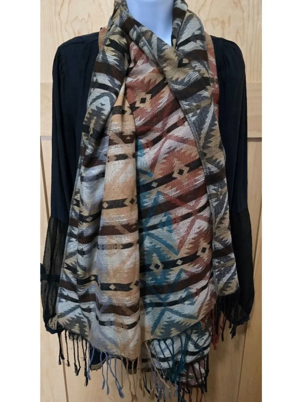 Daytrip Aztec Print Scarf With Fringe Design Multicolor - tribal statement piece